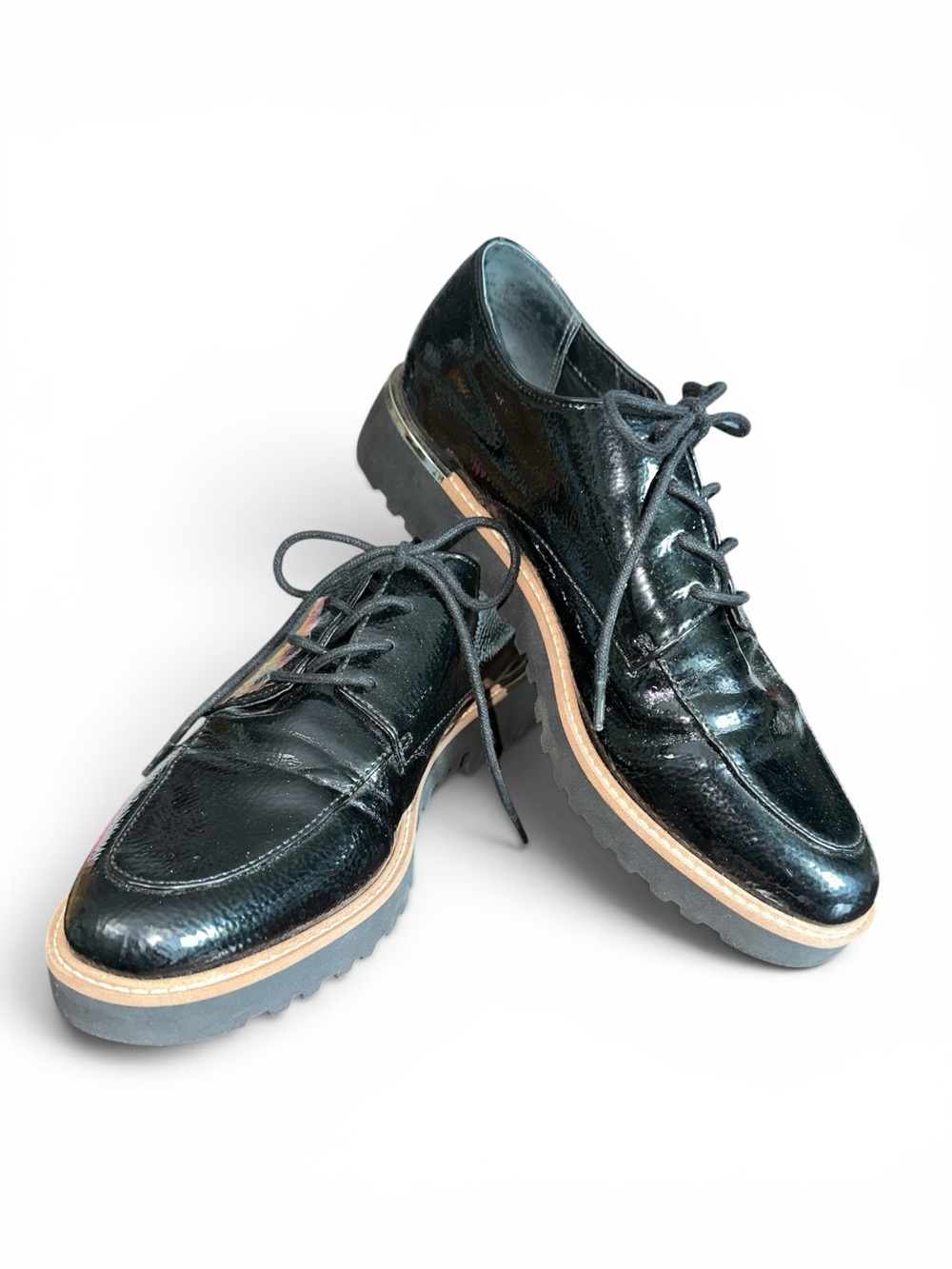 Franco Sarto Women’s Premium Black Faux Patent Leather Derby Shoes with Lug Sole